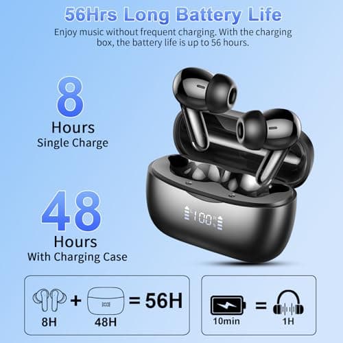 Wireless Earbuds,2025 Bluetooth 5.3 Headphones In Ear with 4 HD microphone, 56H Playtime, HIFI Stereo In Ear Earphones, IPX7 Waterproof Bluetooth Earbuds, LED Display, USB-C, Sport/Work/Leisure/Black 5
