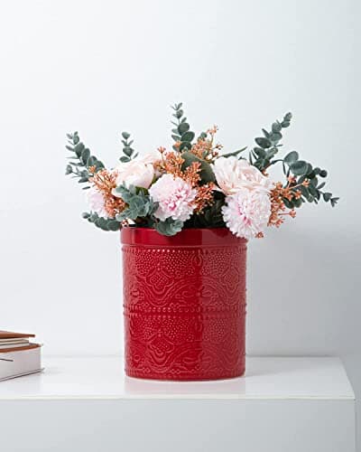 FUN ELEMENTS Kitchen Utensil Holder, 7.2" Super Large Utensil Crock Heavy and Stable Lace Emboss Ceramic Utensil Holder for Kitchen Counter (Christmas Red) 6
