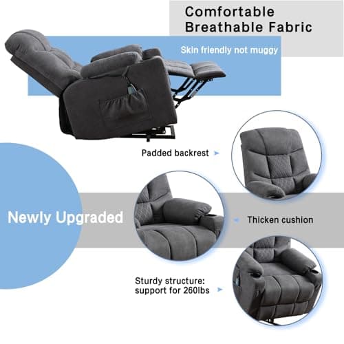 OBBOLLY Power Lift Recliner Chair with Massage & Heat for Elderly, Linen Fabric Lazy Recliner Sofa Chairs with Cup Holders/USB/Side Pockets for Living Room, Dark Grey 6