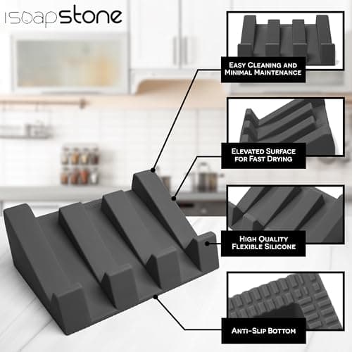 iSoapStone Silicone Soap Dish (USA Patented) Self Draining Bar Soap Holder for Shower Bathroom Sink, Drying Soap Dish Tray Kitchen Sponge Holder Easy Cleaning Soap Saver Mat (Dark Grey, 1) 5
