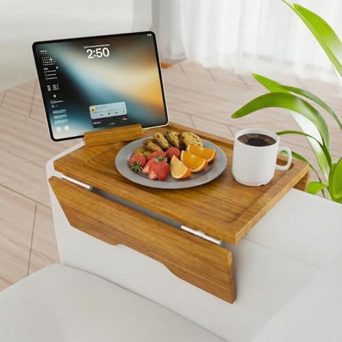 Couch Arm Table Tray with Phone & Tablet Holder โ Golden Brown | Premium Clip-On Sofa Arm Tray for Snacks, Drinks, Remotes, and More โ Perfect Sofa Side Table for Living Room Comfort