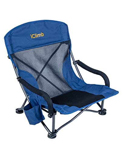 iClimb Low Wide Beach Camping Folding Chair with Side Pocket and Carry Bag (1, Navy)