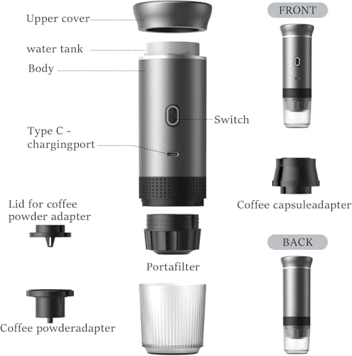 Zcyge Portable Coffee Maker Espresso Machine, Mini Travel Camping Coffee Makers, Battery Portable Espresso Self-Heating Car Coffee Maker With Ground Coffee & NS Capsule 6