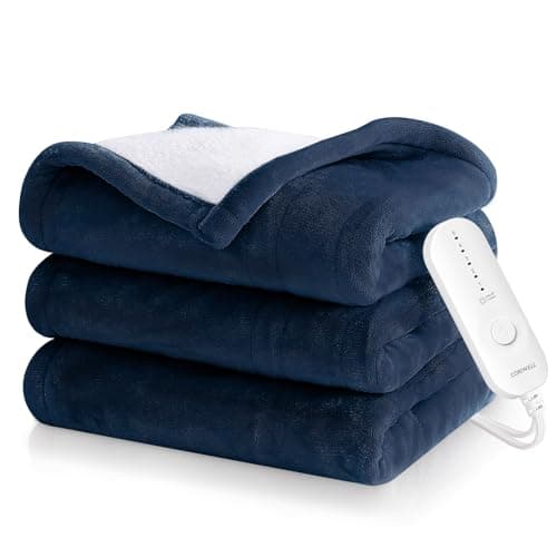 CORIWELL Heated Throw Blanket - 50" x 60" Flannel Electric Heat Blanket for Office Chair - Washable Heating Blanket with 5 Heating Levels & 3 Hours Auto Shut Off, Machine Washable (Blue)