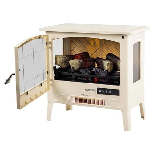 Country Living Infrared Freestanding Electric Fireplace Stove Heater in Cream | Provides Supplemental Zone Heat with Remote, Multiple Flame Colors, Metal Design with Faux Wooden Logs