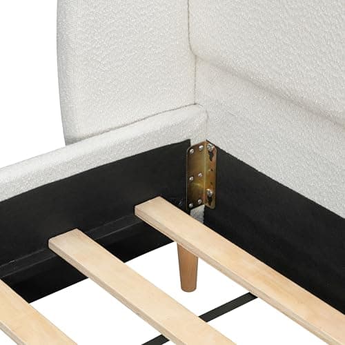 Christopher Knight Home Hazel King Size Bed Frame, Upholstered Platform Bed, Soft Boucle Wingback Headboard, Wood Bed Support and Slats, Curved-Shaped Headboard King Beds for Adult, 45.60" H White 9