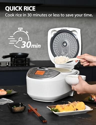 Toshiba Rice Cooker 6 Cup Uncooked – Japanese Rice Cooker with Fuzzy Logic Technology, 7 Cooking Functions, Digital Display, 2 Delay Timers and Auto Keep Warm, Non-Stick Inner Pot, White 6
