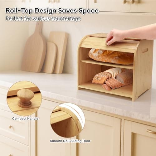 Thalomely Bread Box for Kitchen Countertop, Double Layer Bamboo Bread Storage Container for Homemade Bread, Roll Top Bread Box with 3 Adjustable Height for Kitchen Counter, Natural Breadbox Organizer 5