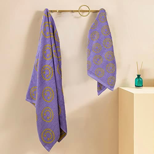 IDORESPELL Luxury Purple Yellow Cute Smiling Face Bath Towel Sets for Bathroom, 1 Bath Towels 2 Hand Towels Washcloths, 100% Cotton Ultra Soft Highly Absorbent for Women Kids Girl Boy Face Body 6