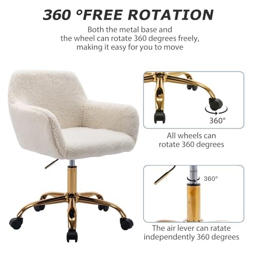 KCC Faux Fur Office Desk Chair, Comfy Swivel Armchair with Wheels, Upholstered Fuzzy Vanity Chair, Adjustable Height, White 5