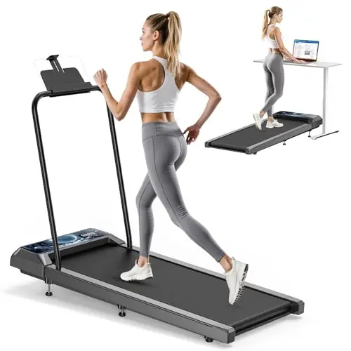 RJOP Walking Treadmill Pad with 8% Adjustable Incline and Removable Handle Bar, Compact Under Desk Treadmills for Home Small with APP Sync, Remote Control and LED Display, 2.5HP, Blue