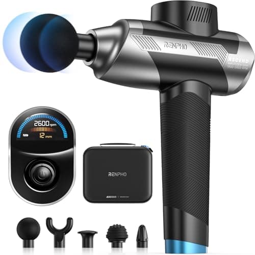 RENPHO Ascend Professional Massage Gun, Adjustable 6-12mm Amplitude for Customized Intensity, Deep Tissue Percussion Massager with 5 Speeds, 5 Attachments, Travel Case, FSA Eligible HSA