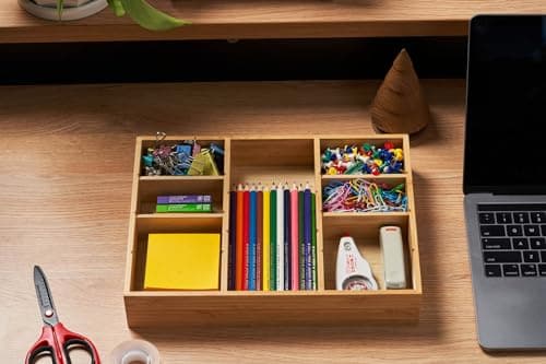 Umilife Bamboo Desk Drawer Organizer, Wood Junk Organizer Tray with Adjustable Dividers, Anti-Skip Storage Organization in Office Bathroom Drawer for Vanity, Makeup, 12" x 9" 5