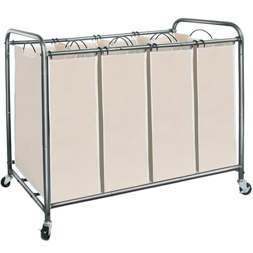 STORAGE MANIAC Laundry Sorter 4 Section, 47.8 Gal (181 L) Laundry Hamper with Wheels, Clothes Divider Basket Sorter, Clothes Separator Hamper Cart with Wheels and Removable Bags, Beige