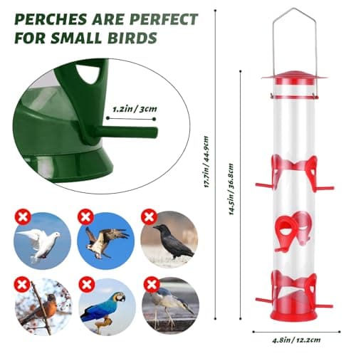 2 Packs Bird Feeder Tube Hanging Feeders, 6 Port Wild Bird Feeders Premium Hard Plastic with Steel Hanger Weatherproof and Water Resistant Great for Attracting Birds 18.2 Inches Large (Red + Green) 5