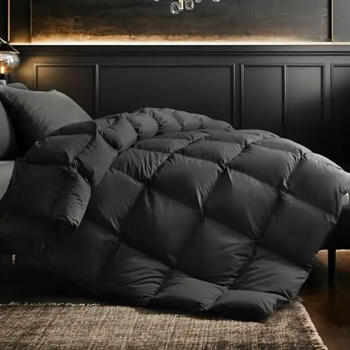KAKABELL Goose Down Comforter-All Season Queen Size Duvet Insert-Luxurious Fluffy Hotel Style Bedding Comforter Ultra Soft Premium Cotton Cover Black 90x90 Inches