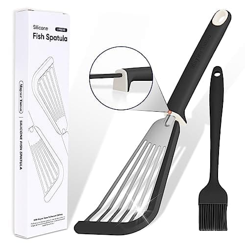 Maywe Tanso Fish Spatula,600℉ Heat Resistant Silicone Fish Spatula with Basting Brush,for Nonstick Cookware,Flexible Slotted Fishs Turner Spatulas,BPA Free,Dishwasher Safe(Black)