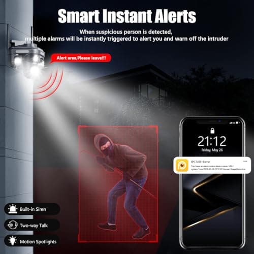 4MP Pan/Tilt Security Camera Triangle 3 Lens Camera Outdoor WiFi,Plug-in Cable Auto Tracking, Human Detection, Light Alarm, Color Night Vision, 2.4G WiFi,SD card Slot with TF64G Card 7