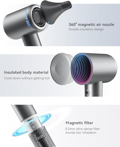 Yinole Hair Dryer Ionic Blow Dryer with Diffuser for Curly Hair, 1500W High-Speed Brushless Corded with 150,000 RPM, Fast Drying Low Noise Thermo-Control Hairdryer with Nozzle for Home Travel 7