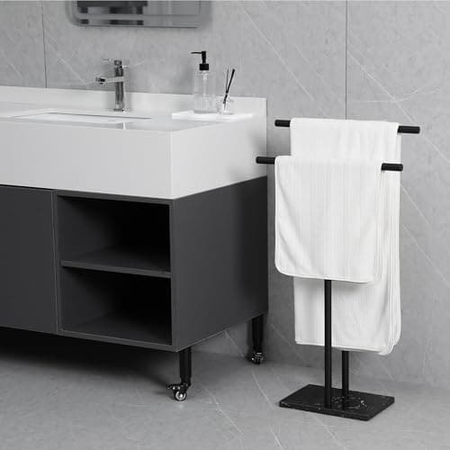WISATO - Free Standing Towel Rack for Bathroom - Matte Black Finish - Stand Alone 2 Tier Stainless Steel Towel Rack for Bathroom Floor with Heavy Marble Base - Double T Shape Drying Stand for Towels 8