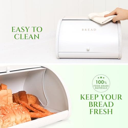 Modern Metal White Bread Box for Kitchen Countertop for Homemade Loaf Sourdough, Roll Top Breadbox for Kitchen Countertop Storage Container Bin, Farmhouse Stainless Steel Bread Keeper for Counters 6