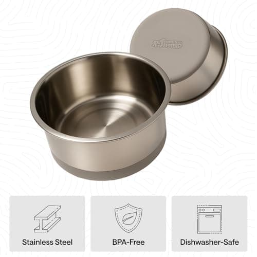 GORILLA GRIP Dog Bowls, Food Grade 304 Stainless Steel, Holds 2 Cups Each (16 fl oz) Food and Water Bowl for Feeding Dogs and Cats, Dishwasher Safe, Rust Resistant, BPA Free Rubber Base Set of 2 Beige 5