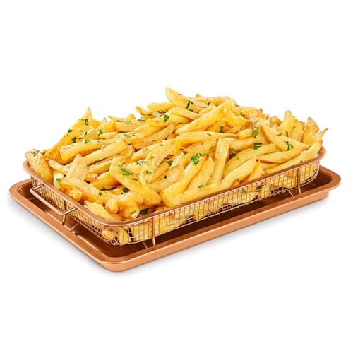 Bakken Swiss Air Fryer Tray Basket w/Elevated Mesh Great For Oven, For Baking & Crispy Foods, Dishwasher Safe,PTFE/PFOA/PFOS FREE Extra-large 9.5/''x13/'',Copper