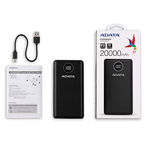 ADATA P20000QCD 20000mAh Qualcomm QC 3.0 / USB PD 3.0 Dual USB-A (18W) & USB-C Fast Charging (18W) Power Bank Portable Charger (AP20000QCD-DGT-CBK) 7