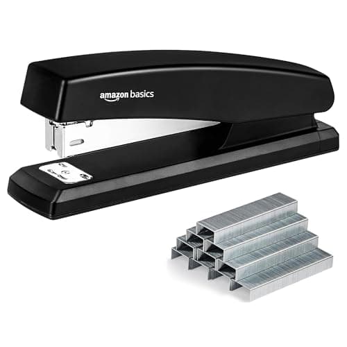 Amazon Basics Office Stapler with 1000 Staples, 25 Sheet Capacity, Non-Slip, Black, Home Office