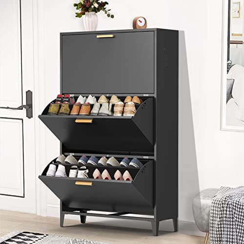 Omethey Shoe Cabinet with 3 Flip Drawers, Metal Shoe Storage for Entryway, Wall-Mounted/Floor Mount Shoe Cabinet, Metal Legs-Great for Sneakers, Heels, Boots and Plus Size Shoes (Black)