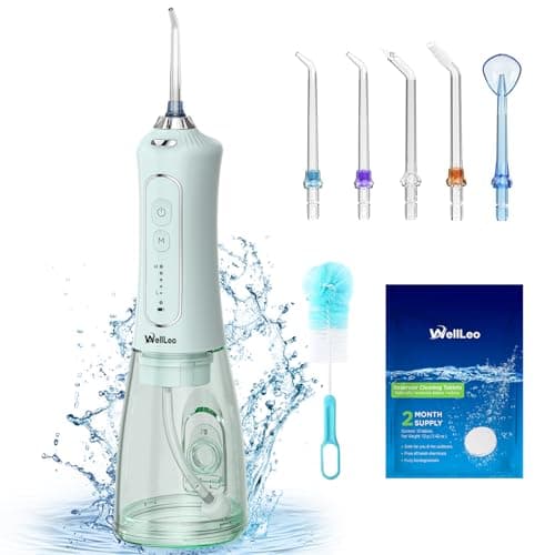 WellLeo Water Flosser for Teeth, 300ML Cordless Oral Irrigator Rechargeable Dental Flosser Picks with 5 Modes 5 Jet Tips,IPX7 Waterproof Teeth Cleaner for Braces Gum Care, Home Travel Use