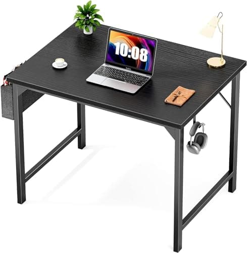Sweetcrispy Desk- Computer Office Small 32 Inch Writing Study Work Modern Simple Style Wooden Table with Storage Bag & Iron Hook for Home, Bedroom - Black