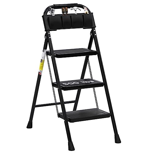 3 Step Ladder EFFIELER Folding Step Stool with Wide Anti-Slip Pedal, 500 lbs Sturdy Steel Ladder, Convenient Handgrip, Lightweight, Portable Steel Step Stool for Household, Kitchen (Matte Black)