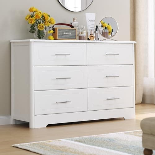 HOSTACK 6 Drawer Dresser, Modern White Double Dresser, Wide Chest of Drawers with Metal Handels, Accent Wood Storage Chest Organizers for Living Room, Hallway, Entryway (Trapezoid/White)