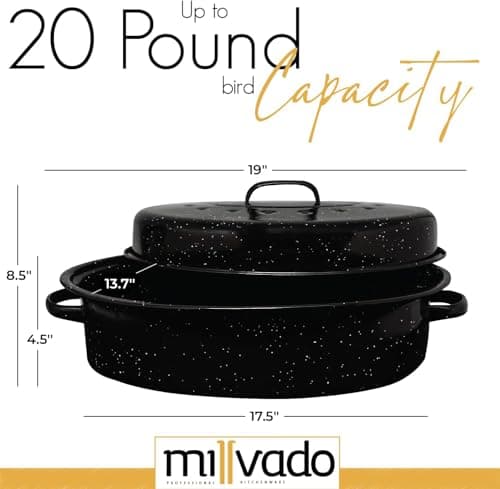 Millvado Roasting Pan With Lid, Thanksgiving Turkey Roaster Pan, Extra Large 20 lb Capacity, 19" Granite Oven Roaster Oval Shaped Speckled Enamel on Steel Cookware,for Roasting Turkey, Chicken, Lamb 2