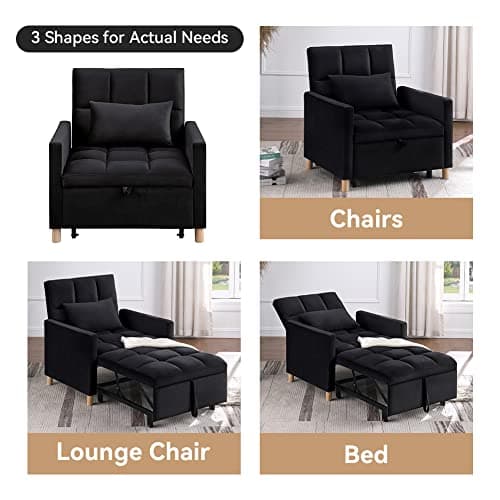 Otnqu Convertible Single Sofa Bed with Pillow, Pull Out Sleeper Bed with Adjustable Backrest, Multi-Function Lounge Chair for Living Room (Black) 6