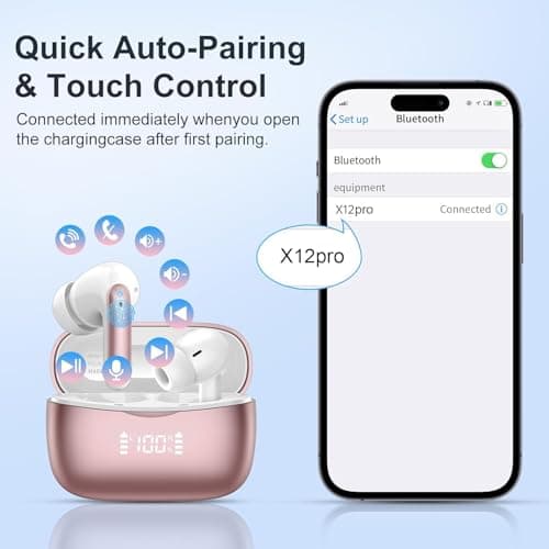 Wireless Earbuds, HiFi Stereo Bluetooth 5.3 Headphones Noise Canceling with 4 ENC Mic, 56H Playtime Wireless Earphones with LED Display, IP7 Waterproof In Ear Headphones, Ear Buds for Android iOS.Pink 7