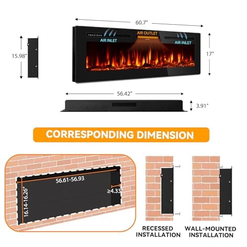 Tehanld 60 Inch Electric Fireplace in-Wall Recessed and Wall Mounted, Ultra-Thin Linear Fireplace Heater 750/1500W with Realistic Flame, Higher Temperatures & Lower Noise, Log Set & Crystal Options 6