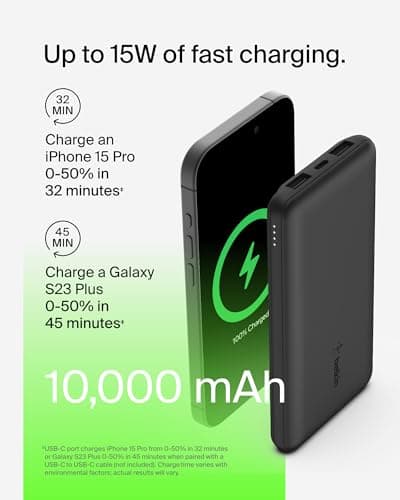 Belkin Portable Charger - 15W 3 Port Power Bank Battery Pack with 10000mAh Battery - Fast Charging for iPhone, Samsung Phone, More - USB C to A Cable Included 7