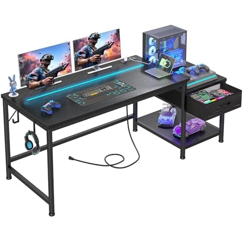 DurayLoly 56 Inch Gaming Desk with Drawers and Shelf,Reversible Computer Desk with LED Lights and Power Outlets,Study Table with Hooks for Headphone,Bags,Black Desk Work Desk for Bedroom,Dorm