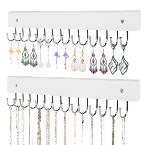 AnDock Necklace Holder Wall Mounted Jewelry Organizer - 2 Pack Wooden with 28 Hooks, Hanging Earring & Ring Bracelet Storage, Decorative Space-Saving Jewelry Display (White)