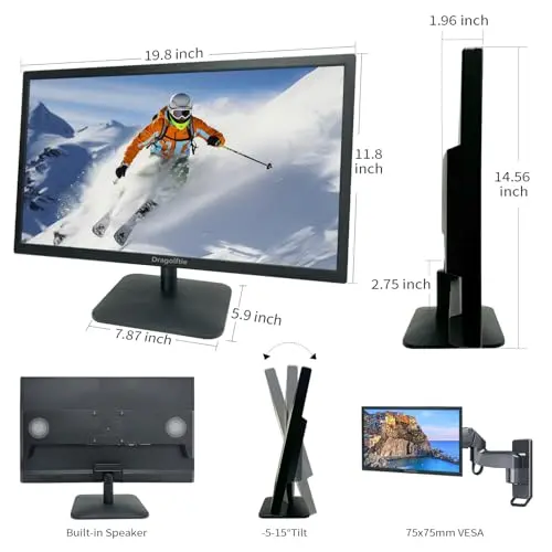 Dragolftie 21.5 Inch Touchscreen Monitor FHD 1920x1080P, Built-in Speakers, VESA Supports, 10-Points Computer Touch Screen PC Display with Type-B HDMI VGA Port, 75Hz Desktop Touch Display, Black 7
