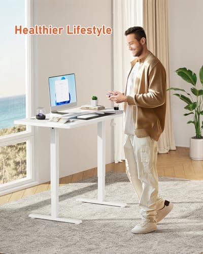 Flycity Manual Standing Desk Adjustable Height, 43" x 24" Hand Crank Stand Up Desk, Sit Stand Home Office Desk, Small Computer Desk with 2 Cable Holes, White Wooden Top/White Carbon Steel Frame 8