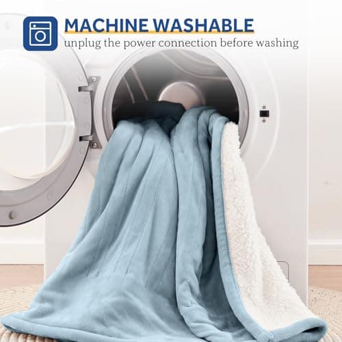 Sealy Electric Blanket Wearable with Foot Pocket, Electric Snuggle Blanket with Sleeves, Flannel & Sherpa Heating Throw with 6 Heat Settings & 2-10 Hours Auto Shut Off, 50 * 70"+18", Light Blue 7