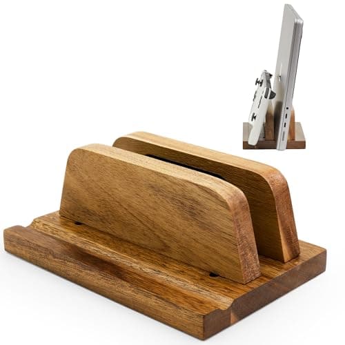 Acacia Wood Vertical Laptop Stand for Desk- Adjustable Slot (0.7" to 1.2") - Heavy Duty Desk Organizer for Laptops, Tablets, and Phones - Quick Assembly with Non-Slip Silicone Mats