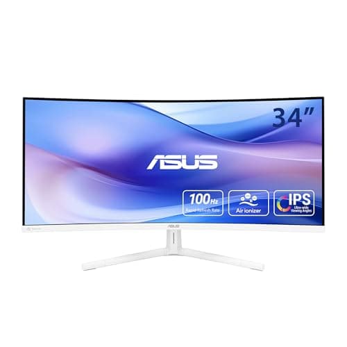 ASUS 34” Ultra-Wide Curved Eye Care Monitor (VU34WCIP-W) – WQHD (3440x1440), 1500R Curvature, Frameless, 100Hz, Nano-ion, SmoothMotion, Eye Care Plus, USB-C PD 65W, Speakers, 3 yr Warranty