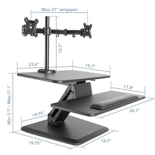 Mount-It! Standing Desk Converter, Stand Up Desk Riser with Dual Monitor Mount, Adjustable Workstation in Black, Top Platform 23" Wide, Keyboard Mouse Tray 27" Wide, Raises 5" to 17" Tall 7