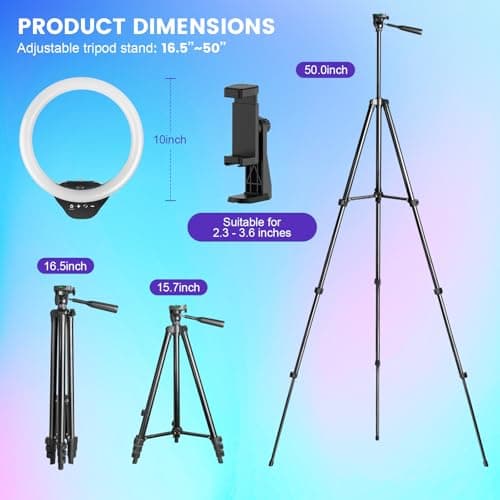 Sensyne 10'' RGB Ring Light with 50'' Extendable Tripod Stand, Circle Lights with Phone Holder for Live Stream/Makeup/YouTube Video/TikTok, Compatible with All Phones 6