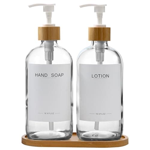 BONLONG Clear Glass Soap Dispenser with Bamboo Pumps&Tray&Labels, Hand Dispenser, Lotion Dispenser, Dish Soap Dispenser for Kitchen Sink. (Clear)
