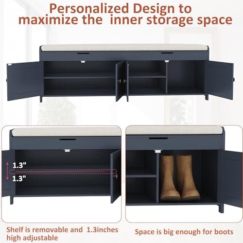 HOMEFORT 54.4" Shoe Bench with Lift Top Storage, Entryway Bench with Cushioned Seat, Wooden End of Bed Bench, Shoe Cabinet Bench with Hidden Storage Space, for Bedroom, Hallway,Blue 6